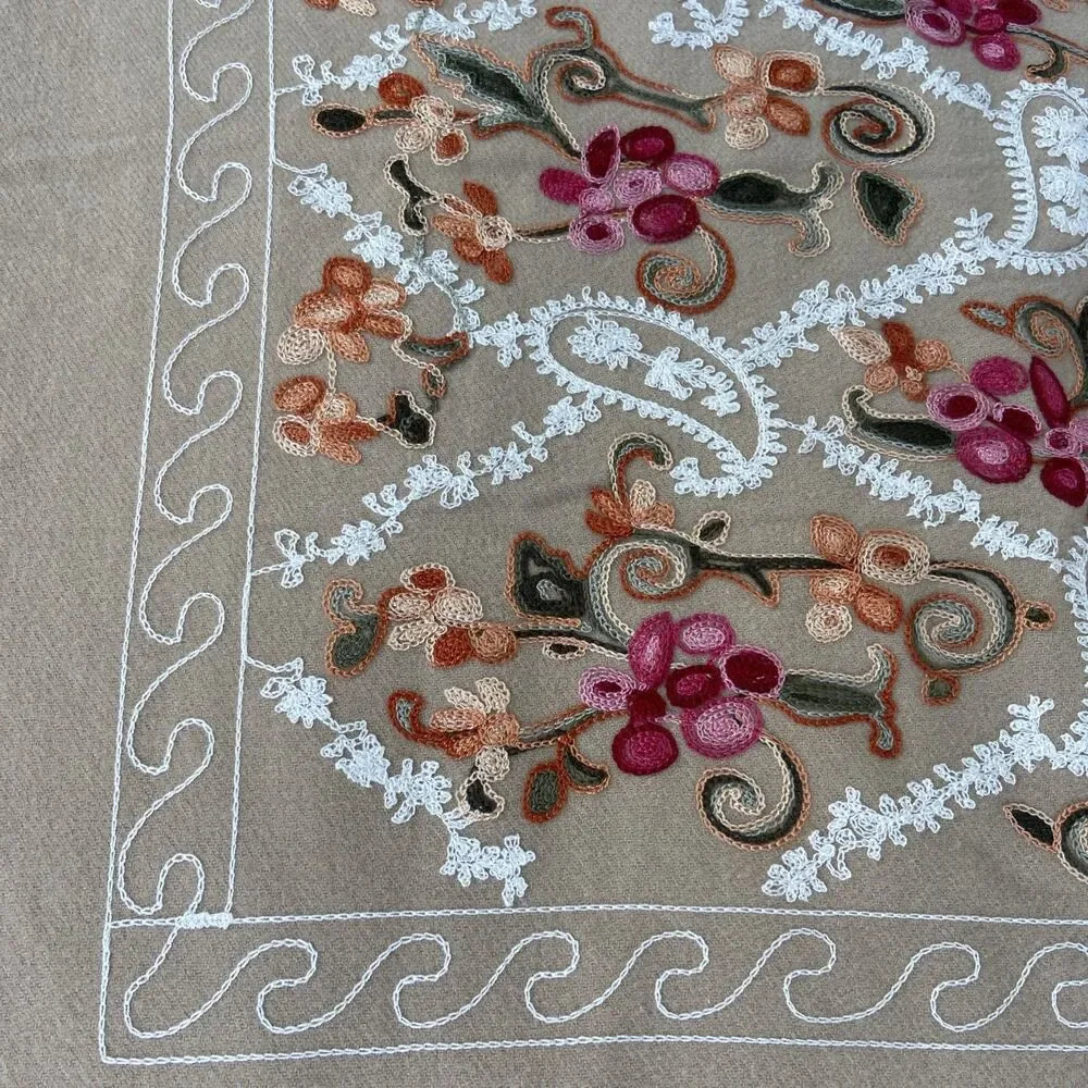 La Seine Embroidered Beige Floral Fringed Oversized Wrap Scarf Soft Luxurious